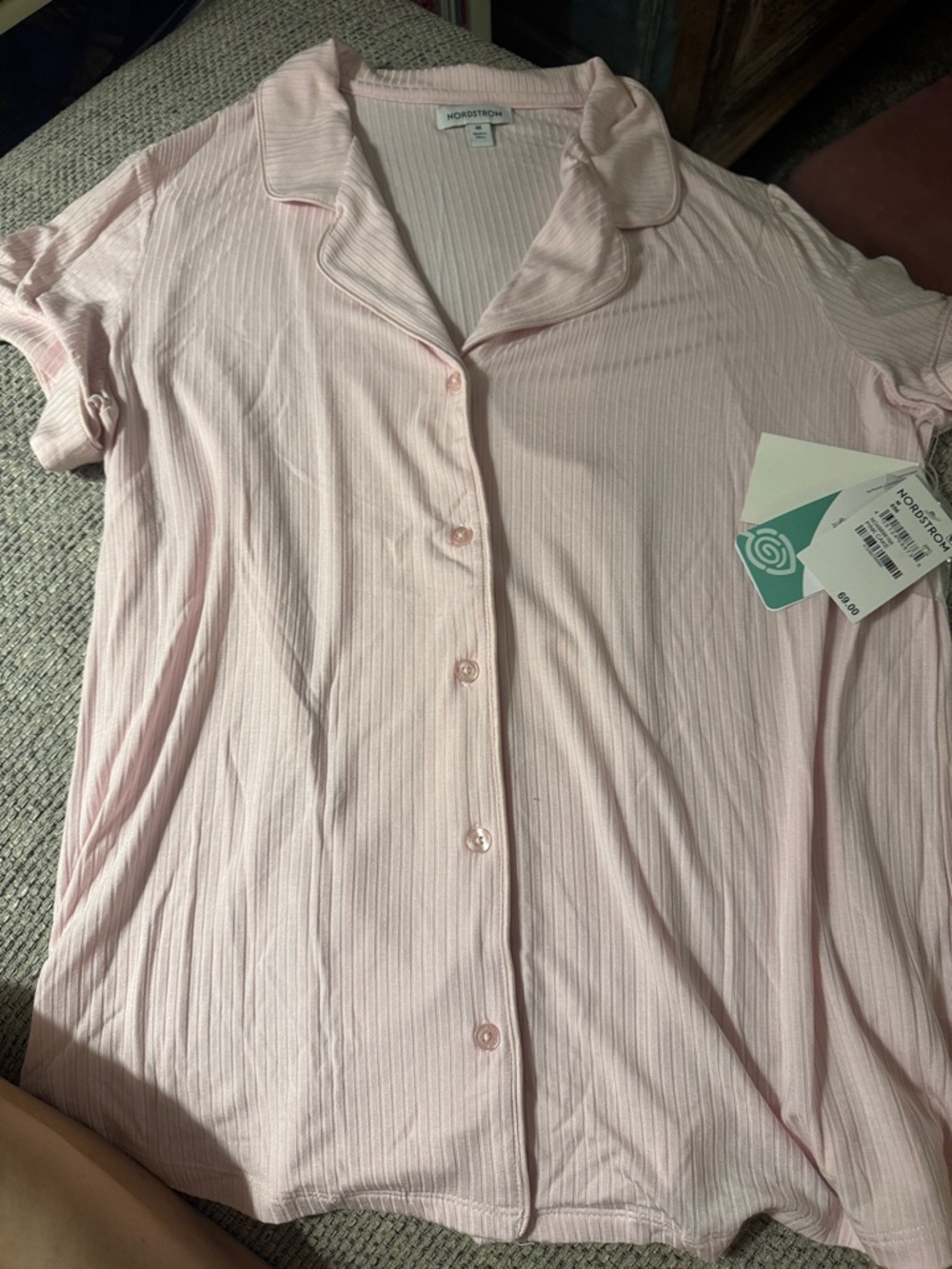 NWT Nordstrom Light Pink Ribbed Button-Front Camp Collar pajama top size M